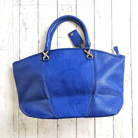 Joe's Large Blue Weekender Handbag Purse Vegan Leather Tote Bag Zip up Gold - Picture 6 of 16